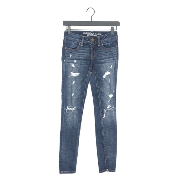American Eagle Jegging Super Stretch Distressed Skinny Jeans, Women's 00, Blue - Picture 1 of 11